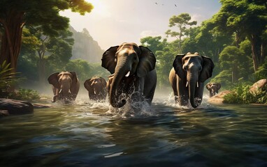 Realistic photo of a group of elephants bathing in a river, daytime background. generative ai - Powered by Adobe
