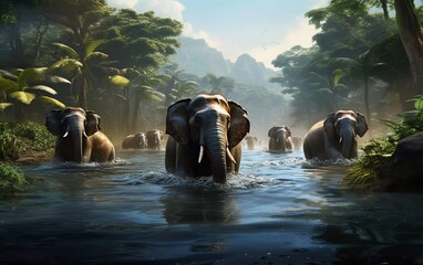 Realistic photo of a group of elephants bathing in a river, daytime background. generative ai - obrazy, fototapety, plakaty