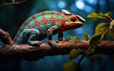 Realistic photo of panther chameleon, madagascar fauna on tree. generative ai - obrazy, fototapety, plakaty