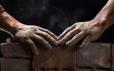 Realistic photo of construction worker's hand, industrial bricklayer laying bricks. generative ai