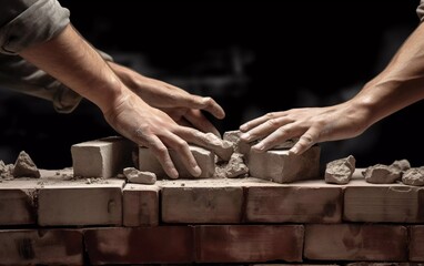 Realistic photo of construction worker's hand, industrial bricklayer laying bricks. generative ai