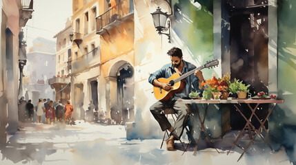 Watercolor A man playing a guitar and singing in a street with colorful buildings and people passing by.
