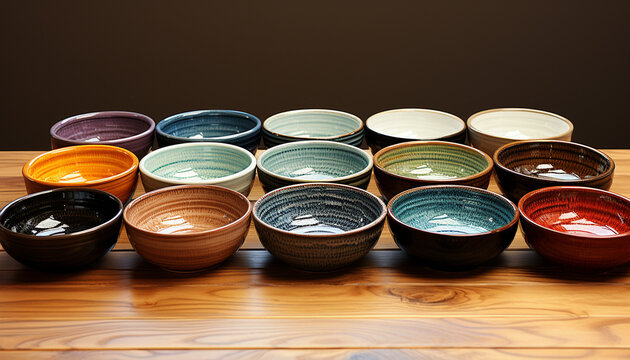 A colorful pottery bowl on a wooden table, close up generated by AI