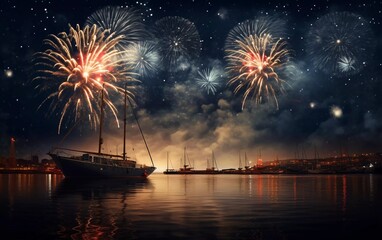 Realistic photo of new year's eve celebration, panoramic greeting card holiday background, fireworks in the night sky. generative ai