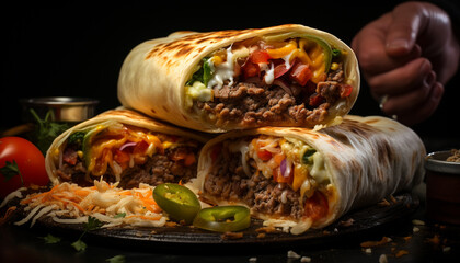 Grilled beef burrito with fresh vegetables, guacamole, and cheese generated by AI - obrazy, fototapety, plakaty