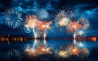 Realistic photo of new year's eve celebration, panoramic greeting card holiday background, fireworks in the night sky. generative ai