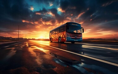 Realistic photo of bus running asphalt road on freeway landscape at sunset. generative ai - obrazy, fototapety, plakaty