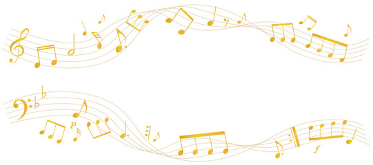 ゴールドの楽譜のフレームイラスト　五線譜　背景イラスト　音符、休符、音楽記号のイラスト - obrazy, fototapety, plakaty