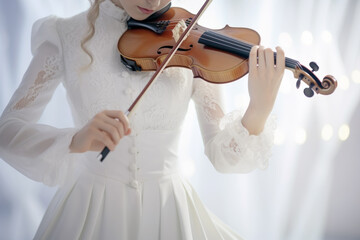 Close up of woman hands playing violin at the concert hall. Lifestyle concept of violinist and...