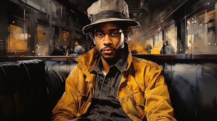 Realistic watercolor painting of a young black man sitting in a cafe in an American city.