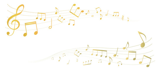 ゴールドの楽譜のフレームイラスト　五線譜　背景イラスト　音符、音楽記号のイラスト - obrazy, fototapety, plakaty