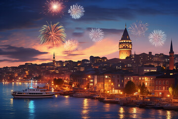 Generative AI Image of New Year Celebration in Turkey with City Building by the Sea - obrazy, fototapety, plakaty