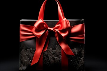 Black Shopping Bag with Red Ribbon Created with Generative AI