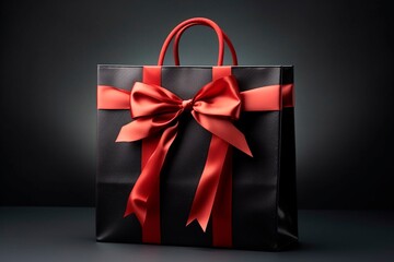 Black Shopping Bag with Red Ribbon Created with Generative AI
