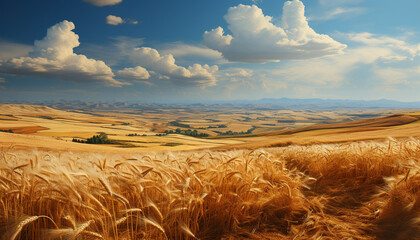 Tranquil meadow, rolling wheat, sunset paints nature beauty generated by AI