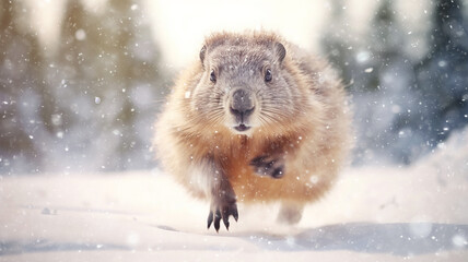 Obraz premium groundhog runs through the winter snow, dynamic pose fluffy rodent falling snow February calendar
