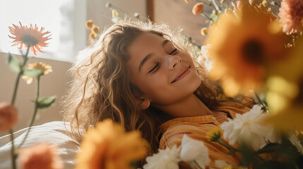 部屋の中でオレンジや黄色の花に囲まれて、横になって目を閉じて微笑みを浮かべている女の子のアップの写真 - obrazy, fototapety, plakaty