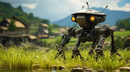 Foto op Canvas farmer robot in rice field background wallpaper AI generated image © anis rohayati
