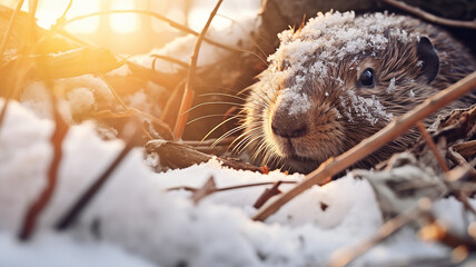 Fototapeta premium cute fluffy groundhog wakes up in his burrow day, the onset of spring, the change of seasons, prediction in February