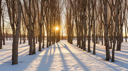 morning in the winter park, trees alley winter landscape