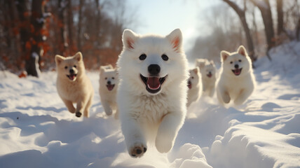a group of cheerful dogs runs in dynamic poses through the winter fluffy snow on a frosty sunny day, fluffy pets, Christmas snowflakes