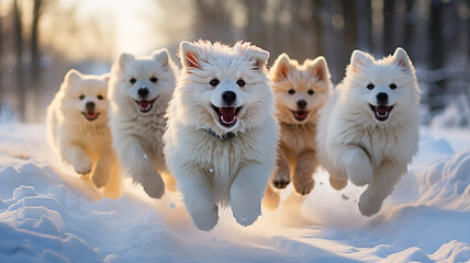 a group of cheerful dogs runs in dynamic poses through the winter fluffy snow on a frosty sunny day, fluffy pets, Christmas snowflakes