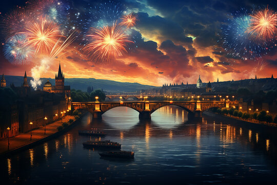 Generative AI Image of New Year Eve Celebration with Prague Bridge in River