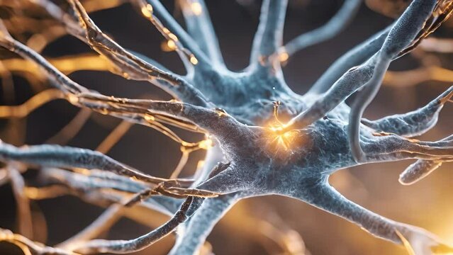 Brain science concept. Neuroscience. 3D digital futuristic brain neural connections closeup. Cyber medical animation. Microbiology, neurology concept. Human mind organism. Many neurons synapses of AI.
