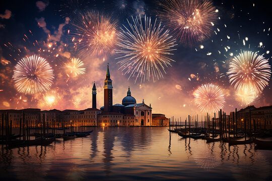 Generative AI Image of New Year Party Celebration with Old Church Building in Venice Italy