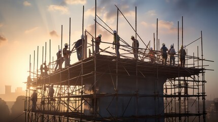 A group of worker installing building structure.  - obrazy, fototapety, plakaty