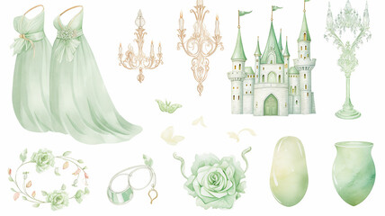 set collection of green delicate accessories of a fairy princess watercolor drawing isolated on a white background delicate soft mint color of spring