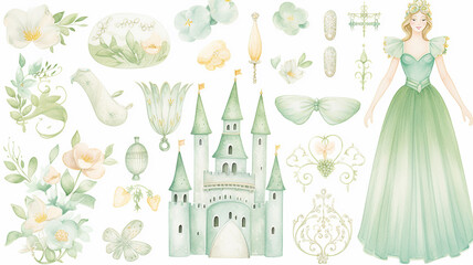 set collection of green delicate accessories of a fairy princess watercolor drawing isolated on a white background delicate soft mint color of spring - obrazy, fototapety, plakaty