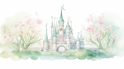 Obraz premium green spring castle of a fairy tale princess, watercolor soft light mint pattern isolated on a white background