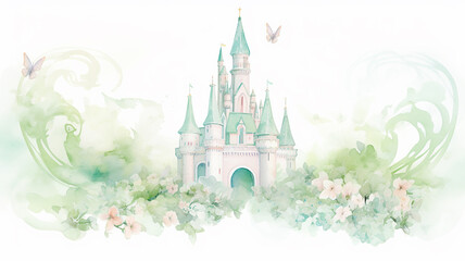 green spring castle of a fairy tale princess, watercolor soft light mint pattern isolated on a white background