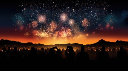 Silhouette of crowd watching fireworks, AI generated Image