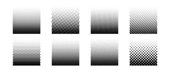 Different halftone gradient backgrounds set. Cartoon dots texture wallpaper collection. Black white comic design cover pack for banner, poster, overlay, sticker. Pop art dotted squared bundle. Vector © vika_k