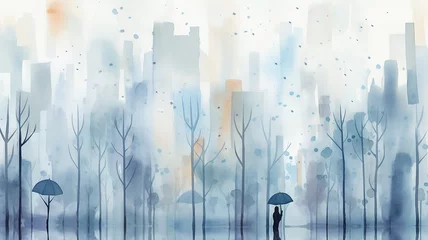 Poster city, abstract watercolor in light gray and blue tones on a white background, autumn mood © kichigin19