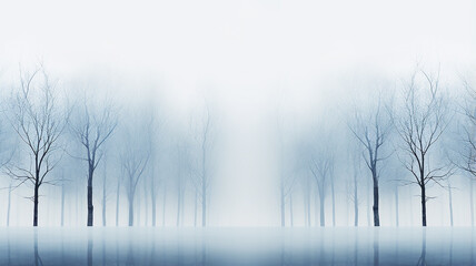 light white blue fog, a row of trees. watercolor abstract background late autumn, symbol landscape view cold light November, copy space blank blank