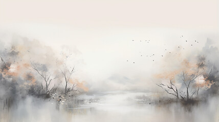 abstract watercolor landscape of autumn in light gray tones, loneliness panorama sketch