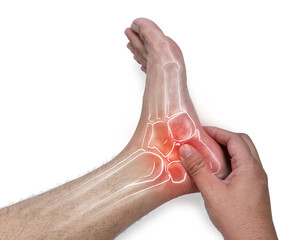 Anonymous person touching his ankle, suferring from arthritis disease, cut out isolated