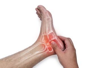 Anonymous person touching his ankle, suferring from arthritis disease, cut out isolated
