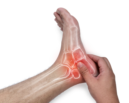 Anonymous person touching his ankle, suferring from arthritis disease, cut out isolated