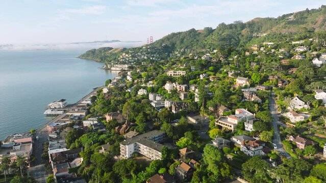 Drone flying over Sausalito town located in San Francisco suburban, California, West coast, USA. Panoramic view of town houses and villas established on green mountain hills. City landmark, 4k footage