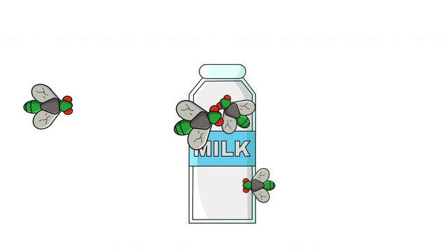 Animation of a milk bottle being visited by flies