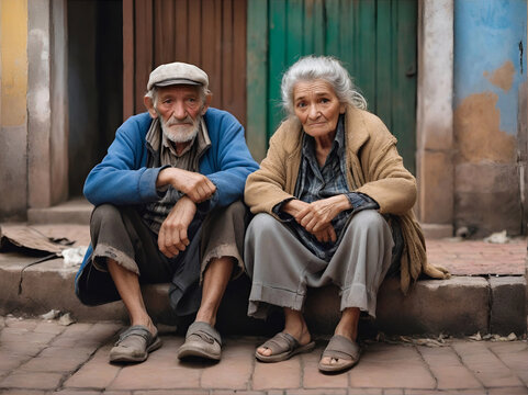 Personas mayores pobres sentadas en la calle