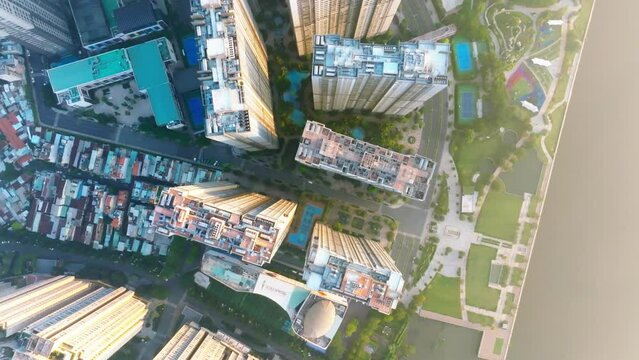 Buildings in Ho Chi Minh City viewed from above top down on the beautiful sunrise