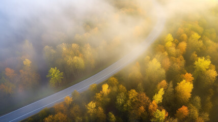 autumn landscape, road through the forest aerial view of a multicolored autumn forest, view from a drone. abstract nature scene