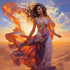 
A beautiful woman in a desert landscape at dusk. The woman is dressed in a flowing gown, her hair flowing in the wind. The lighting is warm and diffused, casting long shadows on the sand. The colors 