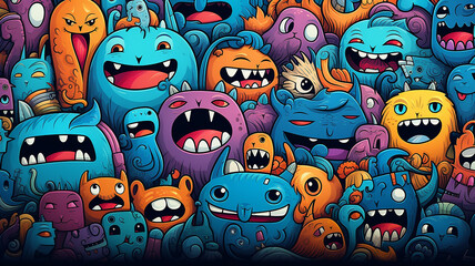 illustration group cartoon cute creatures similar to cats texture background many heads, fictional abstract creatures computer graphics