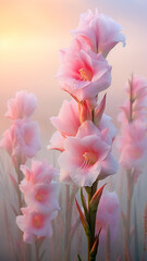 vertical background delicate pink gladiolus flowers in the morning soft pastel mist, landscape view wild field of flowers